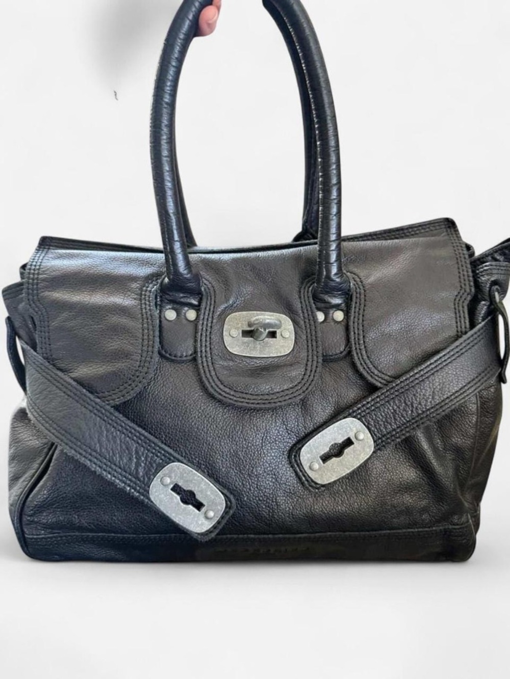 Liebeskind Black Leather Birkin-Style Satchel with Turn-Lock Accents